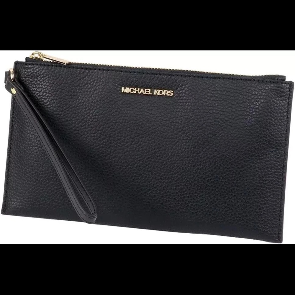 NWOT Michael Kors Jet Set Travel Large Leather Pouch Wristlet Clutch (Black)